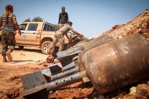 Syrian opposition forces firing mortar shells at ISIS gathering points in northern Syria. Aleppo,