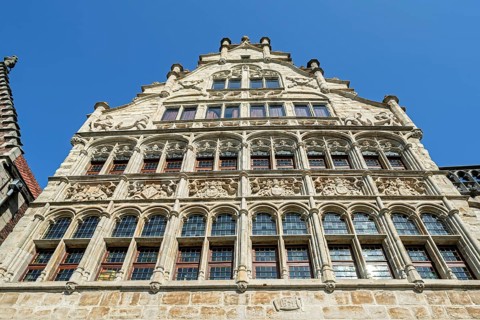 Façade of 16th century guildhall of the Free Boatmen, Gildehuis der Vrije Schippers at the Graslei