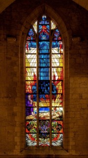 Stained glass window at necropolis with graves of Belgian World War One soldiers buried in the