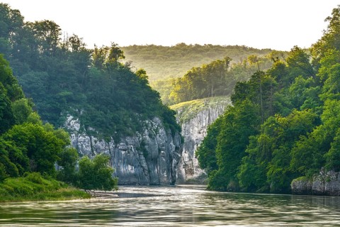 Danube gorge Weltenburg at sunrise, nature reserve Weltenburger Enge, Kelheim, Bavaria