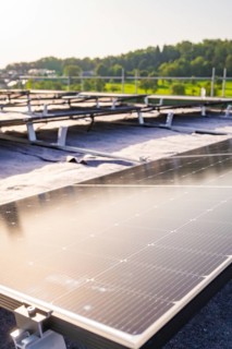Close-up of an installed solar panel on a roof, PV installation, commercial customers, new