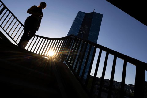 The sun sets behind the European Central Bank (ECB) in Frankfurt am Main, Frankfurt am Main, Hesse,