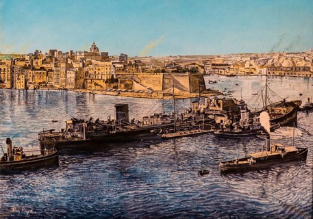 Arrival of the tanker ss Ohio 1942, Oelgemaelde, Fort St. Elmo, fortress on the northern tip built