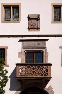Balcony, Halle aux Blés, former slaughterhouse and corn hall, market square, old town, Obernai,
