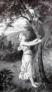Romanticism of the turn of the century, Woman has discovered a small angel on a tree and wants to