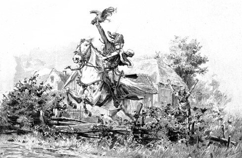 Lucky catch, theft, chicken thief, soldier on a horse has stolen a chicken and jumps over the
