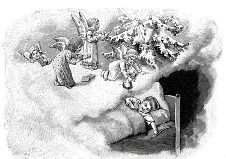 Christmas dream, Boy lying in bed and dreaming of Christmas angels bringing presents, 1898,