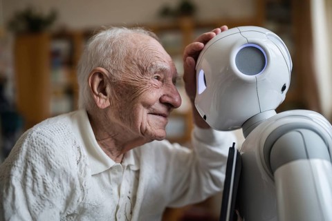 An elderly man in a nursing home smiles and communicates with a humanoid robot, carer robot, symbol