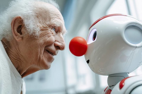 An elderly man in a nursing home smiles and communicates with a humanoid robot, care robot with a