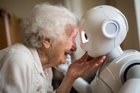 An elderly woman in a nursing home has fun, laughs and communicates with a humanoid robot, care