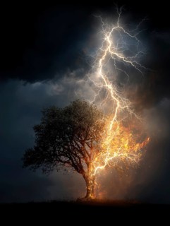 A tree is struck by lightning and catches fire under a dark stormy sky, AI generated, AI generated