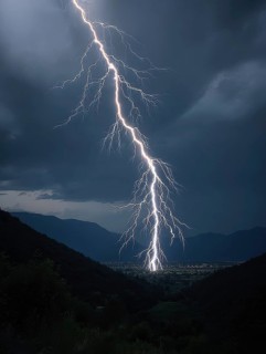 A large flash of lightning illuminates the night sky over a landscape surrounded by mountains, AI