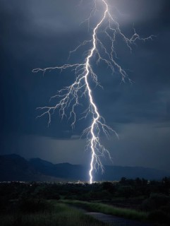 A large bolt of lightning strikes the night landscape, the dark sky menacing and impressive, AI