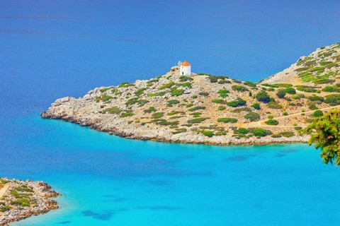 Panormitis bay, high angle view, Panormitis, Symi Island, Dodecanese Islands, Greece