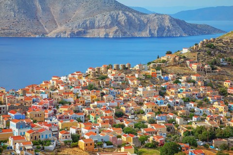 View over Chorio (upper town), Chorio, Symi Island, Dodecanese Islands, Greece