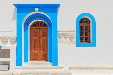 Megali Panagia church facade, Chorio, Symi Island, Dodecanese Islands, Greece
