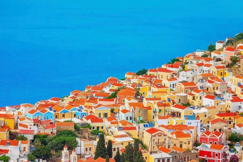 Chorio (upper town), high angle view, Chorio, Symi Island, Dodecanese Islands, Greece
