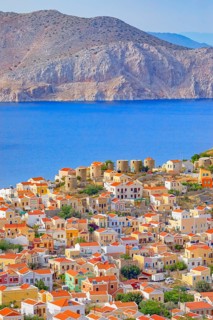 View over Chorio (upper town), Chorio, Symi Island, Dodecanese Islands, Greece