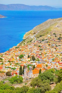 Chorio (upper town), high angle view, Chorio, Symi Island, Dodecanese Islands, Greece