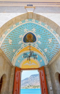 Panormitis monastery painted ceiling, Panormitis, Symi Island, Dodecanese Islands, Greece