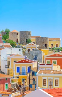 View of Chorio (upper town), Chorio, Symi Island, Dodecanese Islands, Greece