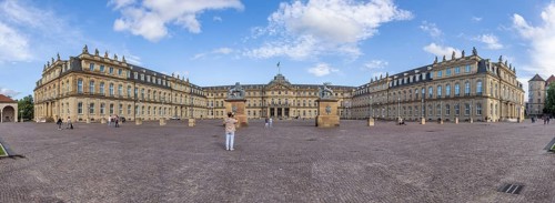 New Palace with Palace Square. Panoramic photo. Stuttgart, Baden-Württemberg, Germany
