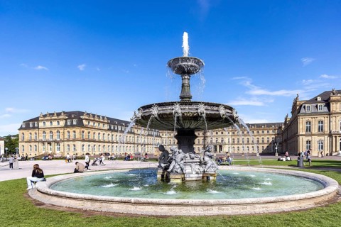 New Palace with Palace Square and fountain. City view of Stuttgart, Baden-Württemberg, Germany