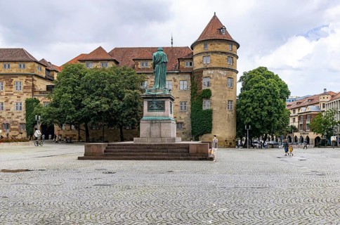 Schillerplatz Stuttgart with Schiller monument and Old Palace. Stuttgart, Baden-Württemberg,