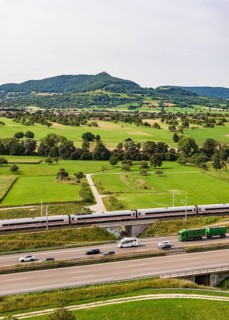 A8 motorway near Kirchheim unter Teck. The route of the new high-speed railway line from Stuttgart