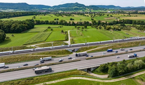 A8 motorway near Kirchheim unter Teck. The route of the new high-speed railway line from Stuttgart