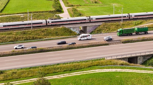 A8 motorway near Kirchheim unter Teck. The route of the new high-speed railway line from Stuttgart