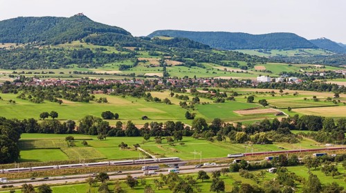 A8 motorway near Kirchheim unter Teck. The route of the new high-speed railway line from Stuttgart