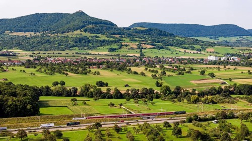 A8 motorway near Kirchheim unter Teck. The route of the new high-speed railway line from Stuttgart