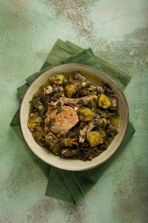 Chakapuli, Georgian dish, stewed meat with herbs and tkemali, in white wine, homemade, no people