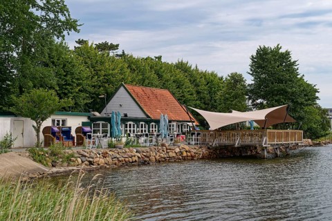 Restaurant Strandhalle on the banks of the Schlei in the town of Arnis, the smallest town in