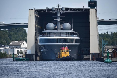The new superyacht COSMOS leaves the Lürssen shipyard near Rendsburg for the Kiel Canal, Kielkanal,