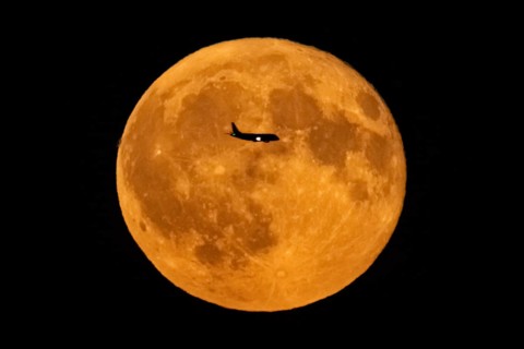 The silhouette of an aeroplane stands out against the full moon, Frankfurt am Main, Hesse, Germany