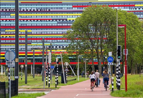 Cycle path through the university campus in Utrecht Science Park, Utrecht University, colourful