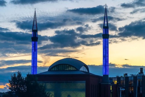 City centre of Utrecht, Mosque Ulu Camii, Mosque at Utrecht Centraal station, evening lighting