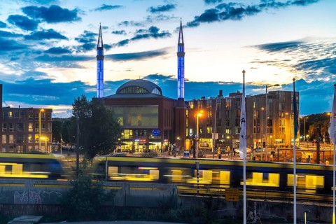 City centre of Utrecht, Mosque Ulu Camii, Mosque at Utrecht Centraal station, evening lighting,