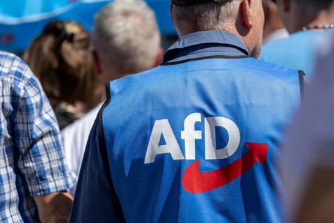Man with AfD waistcoat at a rally in Ludwigshafen