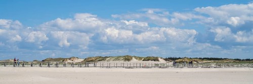 Wooden walkway on sandy beach, dunes, cloudy, panoramic format, Sankt Peter Ording, Eiderstedt,