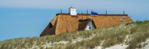 Thatched roof behind the dune, panorama format, Kampen, Sylt, North Frisia, Schleswig-Holstein,