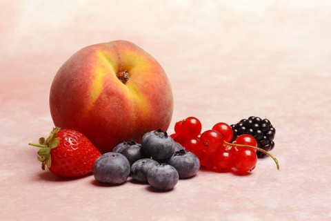 Various fruits, redcurrant, peach, strawberry, blueberry, blackberry