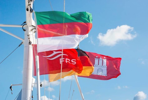 Flag of Heligoland, flag of the shipping company FRS, German flag and Hamburg state flag, flags,