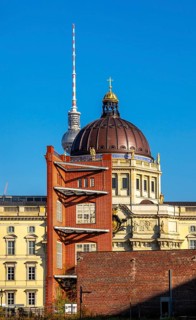View of Schinkelplatz, Humboldt Forum and the Alexanderplatz TV Tower from Werderscher Markt,