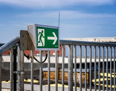 Note for an emergency exit on the roof of a public building, Potsdam, Brandenburg, Germany