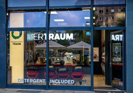 View from outside of a public laundromat, Alexanderplatz, Berlin, Germany