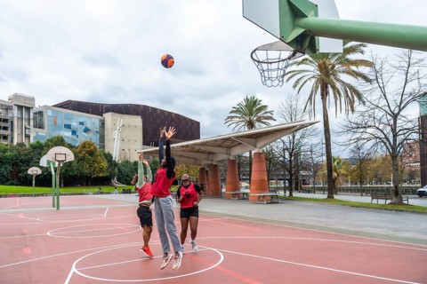 Diverse group of friends enjoying a casual game of street basketball on a red court, actively
