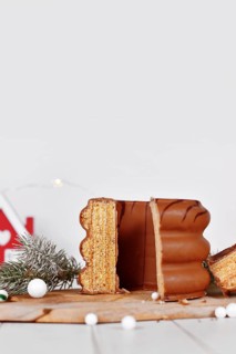 Cut open cake called 'Baumkuchen', a German layered cake glazed with chocolate, surrounded by